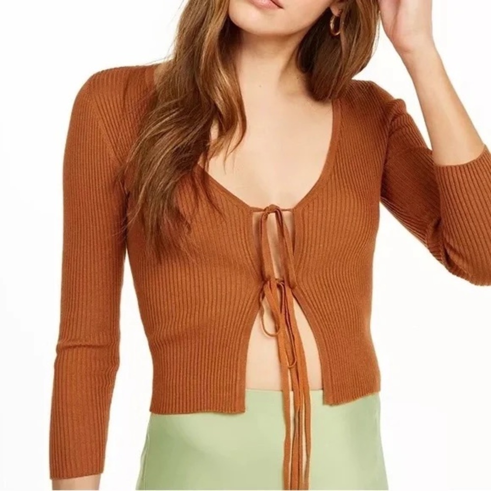 DANIELLE BERNSTEIN Rust Brown Ribbed Tie-Front Crop Top